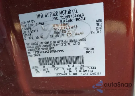 2005 Ford F-150 z USA, uszkodzony, nr VIN 1FTPW14535XE62995